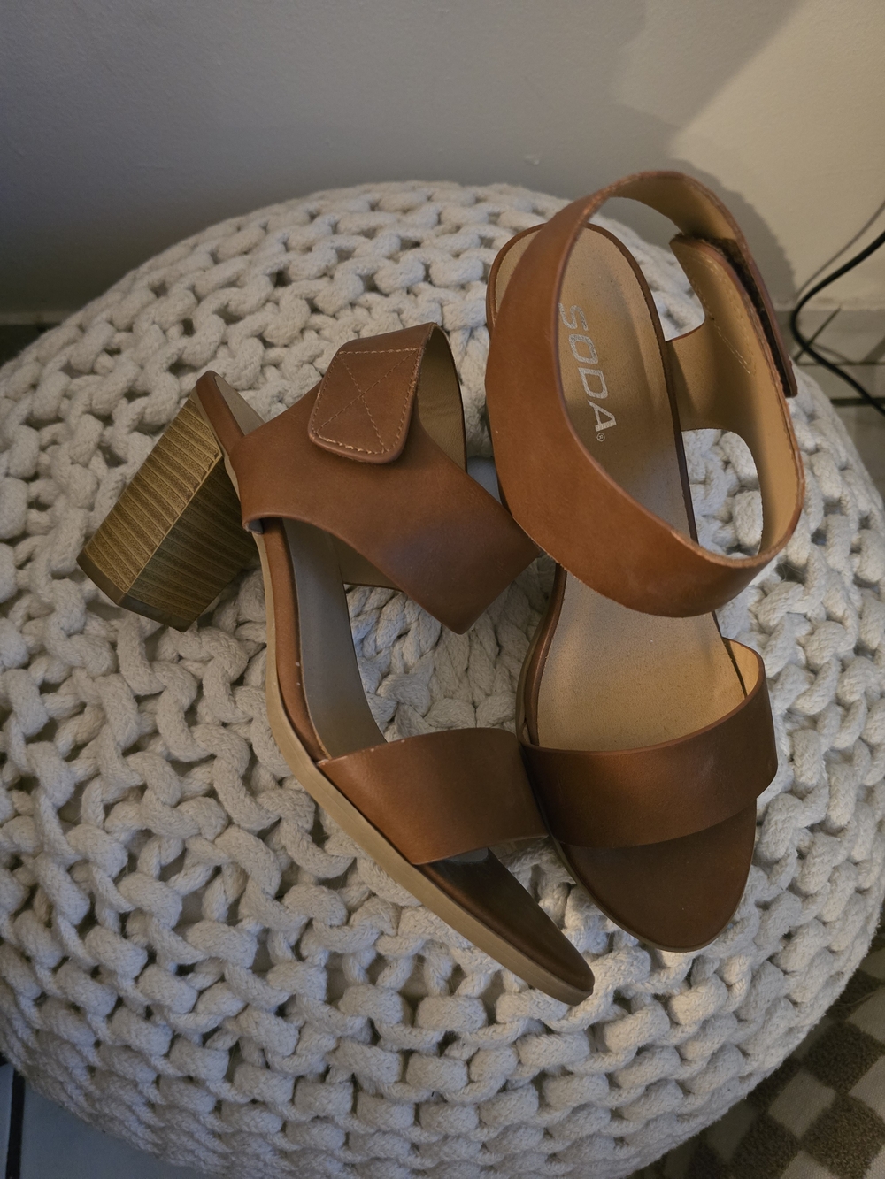 Soda Tan Block Heel Ankle Strap Sandals